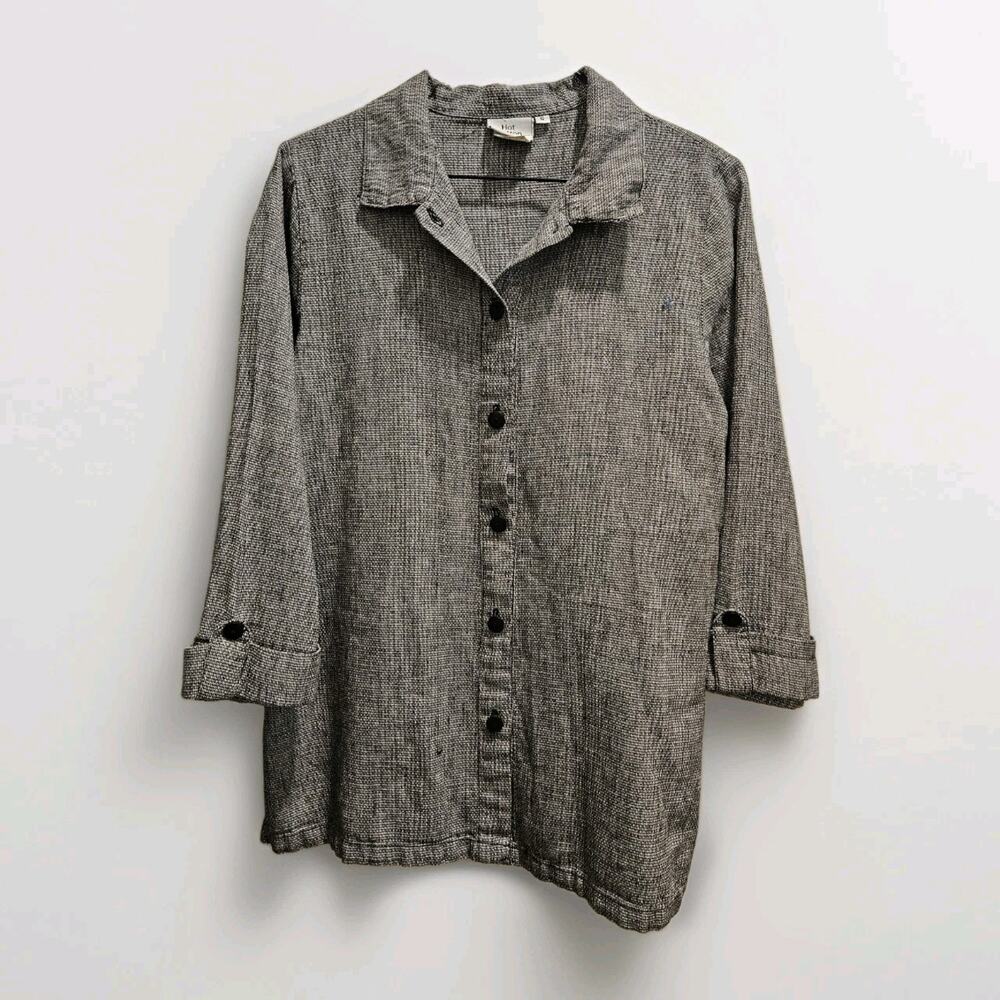 Hot Cotton Small 100% Linen Black White Button Up Blouse 3/4 Sleeve Made USA S